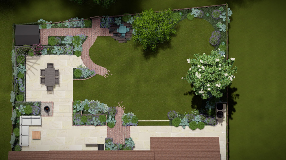 Источник вдохновения для домашнего уюта: осенний регулярный сад среднего размера на заднем дворе в стиле кантри с садовой дорожкой или калиткой, полуденной тенью, мощением клинкерной брусчаткой и с деревянным забором