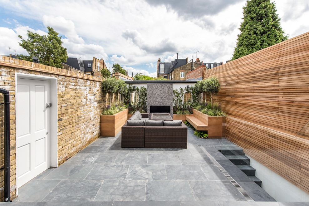 Large contemporary back formal full sun garden for summer in London with a living wall and natural stone paving.