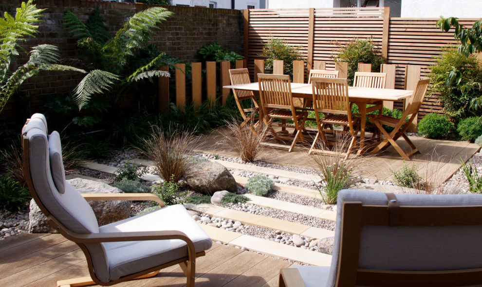 Geometrischer, Kleiner Moderner Garten im Sommer, hinter dem Haus mit direkter Sonneneinstrahlung und Natursteinplatten in London