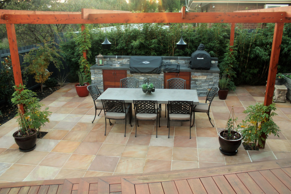Inspiration for a large mediterranean back patio in Melbourne with natural stone paving.