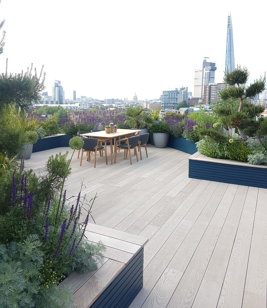 Cette image montre un jardin sur toit design de taille moyenne avec une exposition ensoleillée et une terrasse en bois.