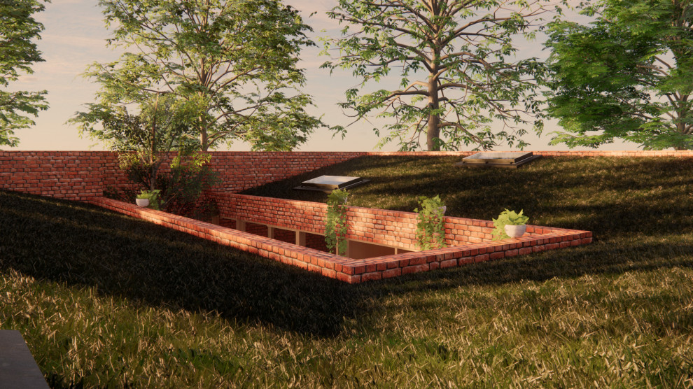 Geometrischer, Kleiner Moderner Garten im Sommer mit direkter Sonneneinstrahlung und Pflastersteinen in Sonstige