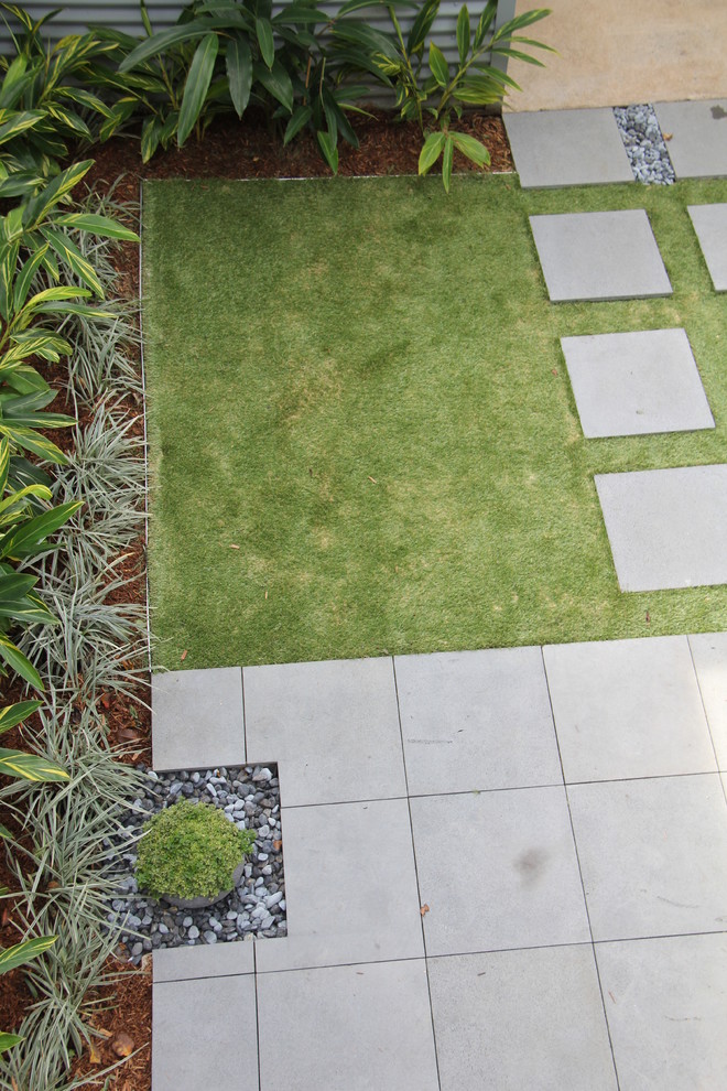 Geometrischer, Kleiner Moderner Garten im Sommer mit direkter Sonneneinstrahlung und Betonboden in Sydney
