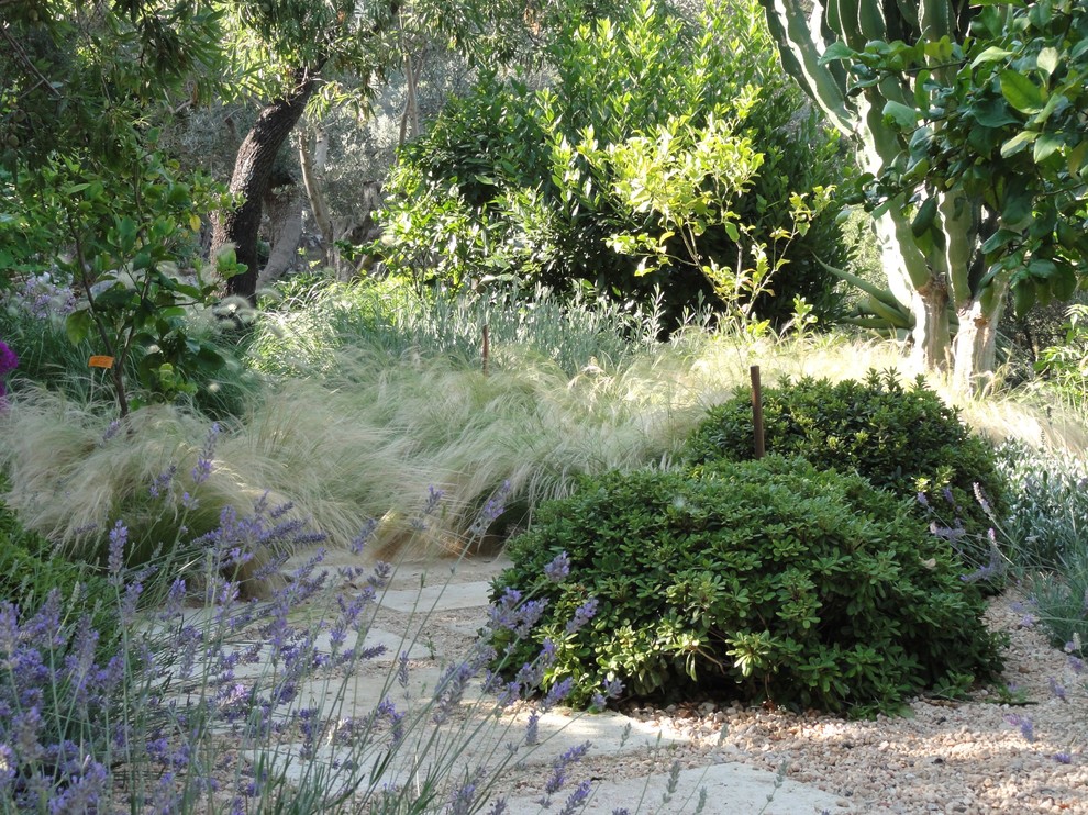 Ispirazione per un giardino mediterraneo esposto in pieno sole di medie dimensioni e dietro casa in estate con un ingresso o sentiero e ghiaia