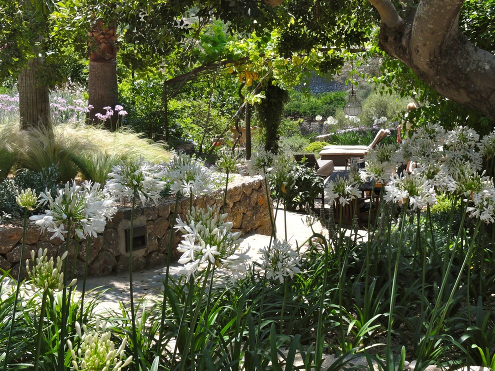 Aménagement d'un aménagement d'entrée ou allée de jardin arrière méditerranéen de taille moyenne et l'été avec une exposition ombragée et des pavés en pierre naturelle.