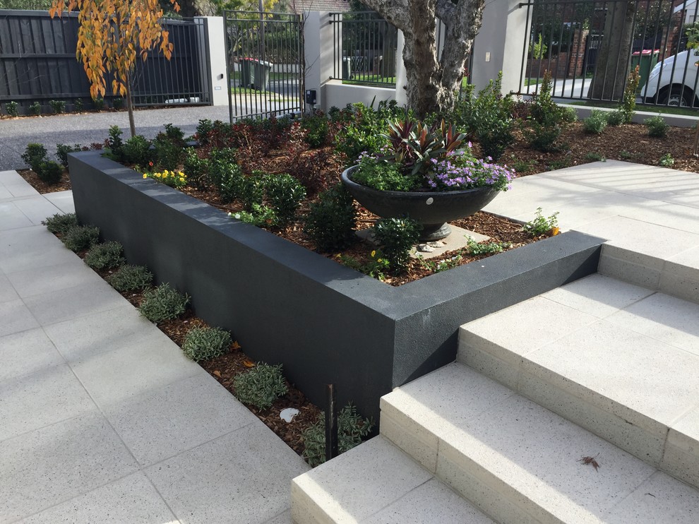 Photo of a medium sized contemporary front formal full sun garden in Melbourne with a retaining wall and concrete paving.