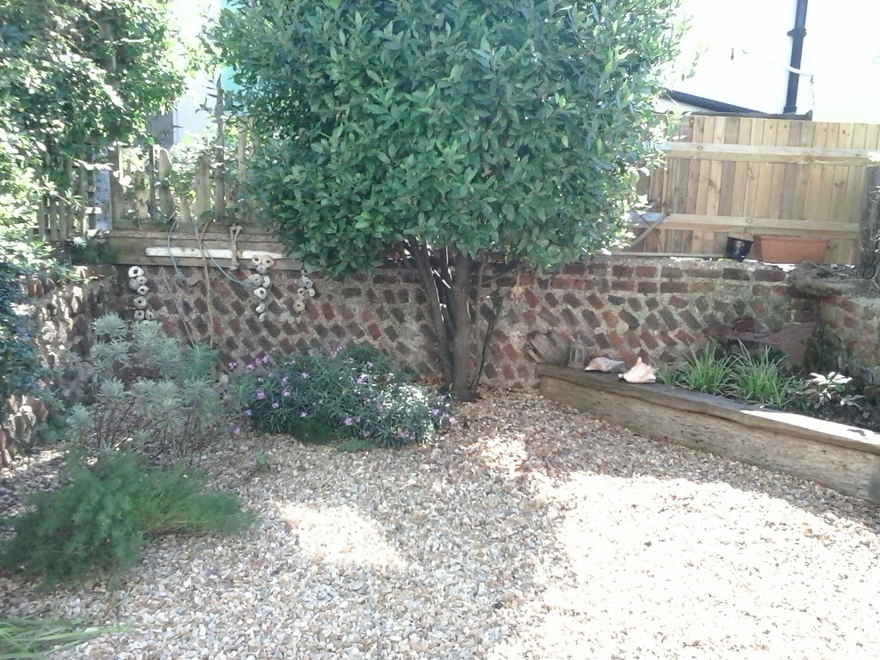 Photo of a small coastal back xeriscape garden in Sussex.