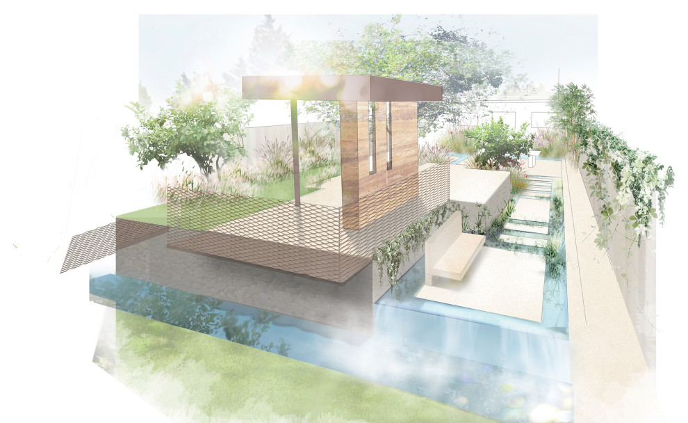 Inspiration för en stor funkis trädgård i delvis sol vattenfall på sommaren, med naturstensplattor