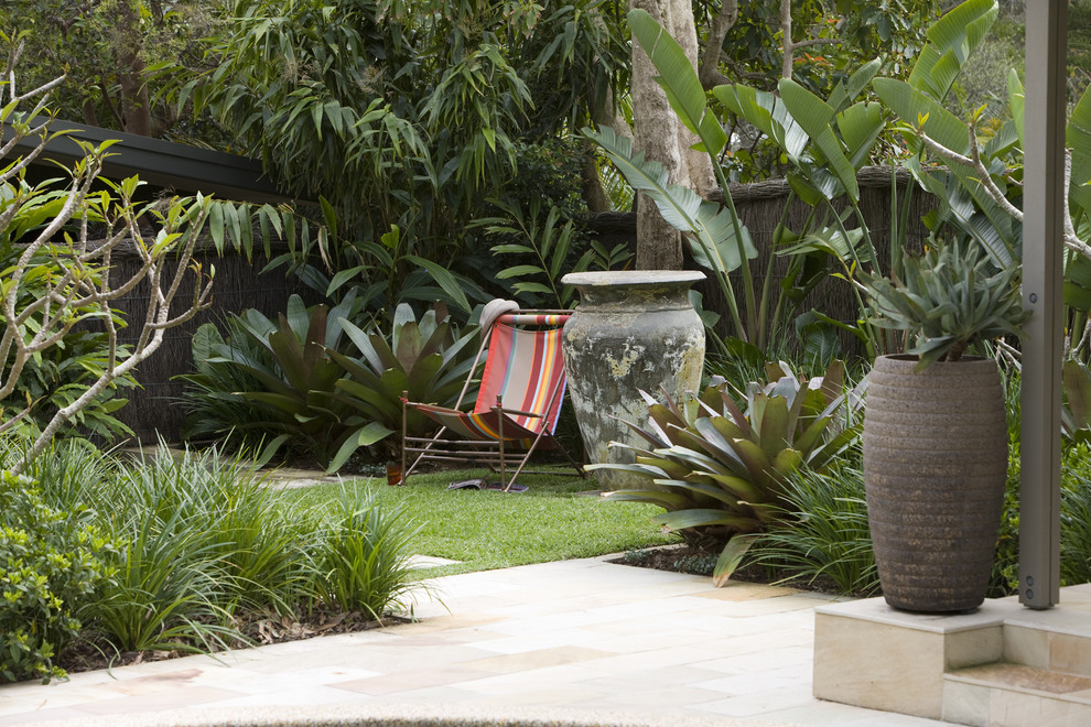 Design ideas for a tropical backyard landscaping in Sydney.