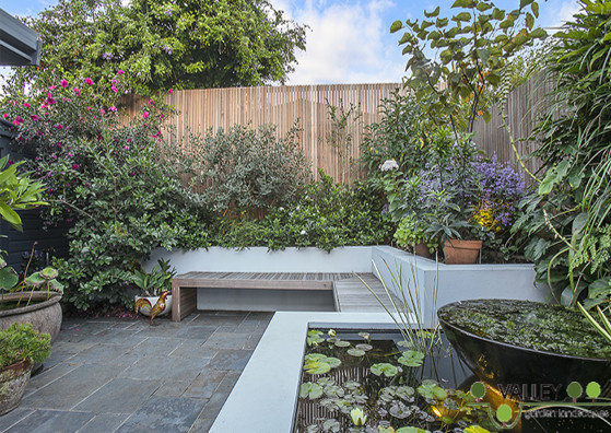 Diseño de jardín de secano minimalista de tamaño medio en otoño en patio trasero con estanque y exposición total al sol