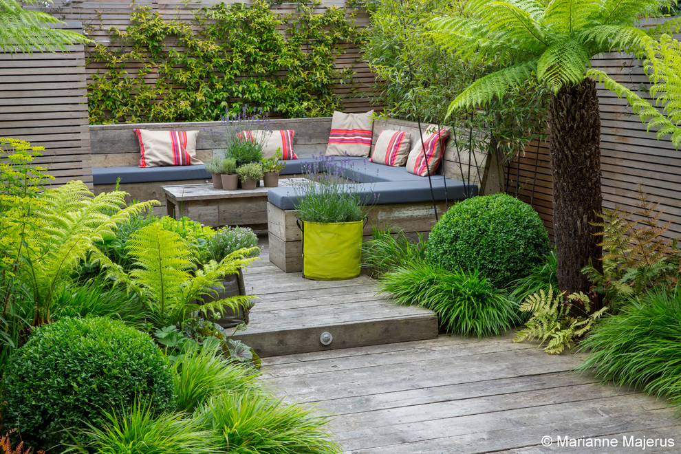 Inspiration for a small contemporary partial sun backyard landscaping in London with decking.