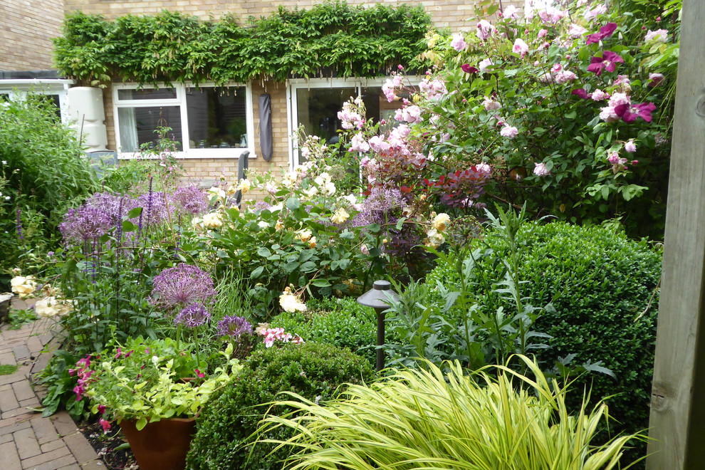 Exemple d'un petit jardin arrière tendance l'été avec une exposition ensoleillée et des pavés en brique.