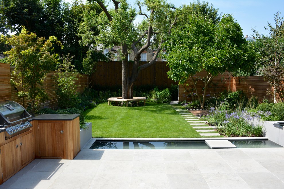 Mittelgroßer, Geometrischer Moderner Gartenteich im Sommer, hinter dem Haus mit direkter Sonneneinstrahlung und Natursteinplatten in London