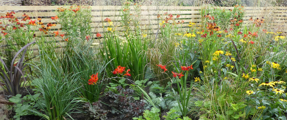 Medium sized modern back partial sun garden for summer in Sussex with decking.