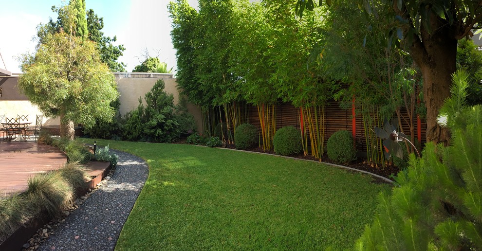 Idee per un grande giardino xeriscape moderno esposto a mezz'ombra dietro casa in primavera con pacciame