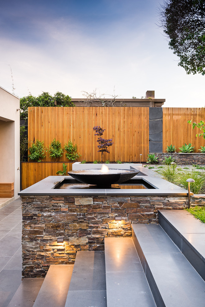 Inspiration for a large traditional shade backyard stone water fountain landscape in Melbourne.