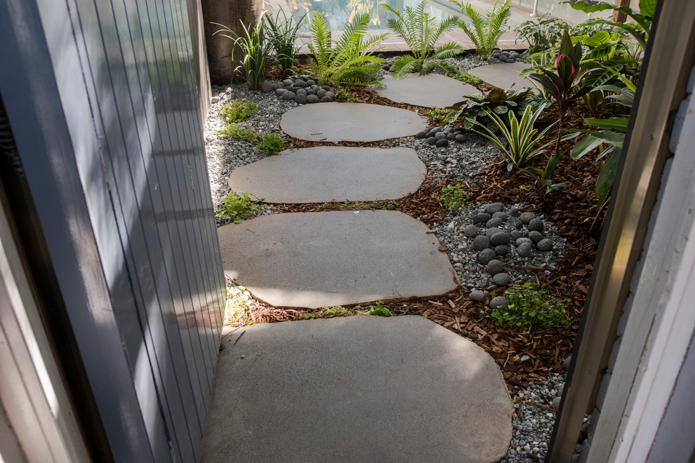 Geometrischer, Kleiner, Halbschattiger Moderner Gartenweg hinter dem Haus mit Natursteinplatten in Sydney