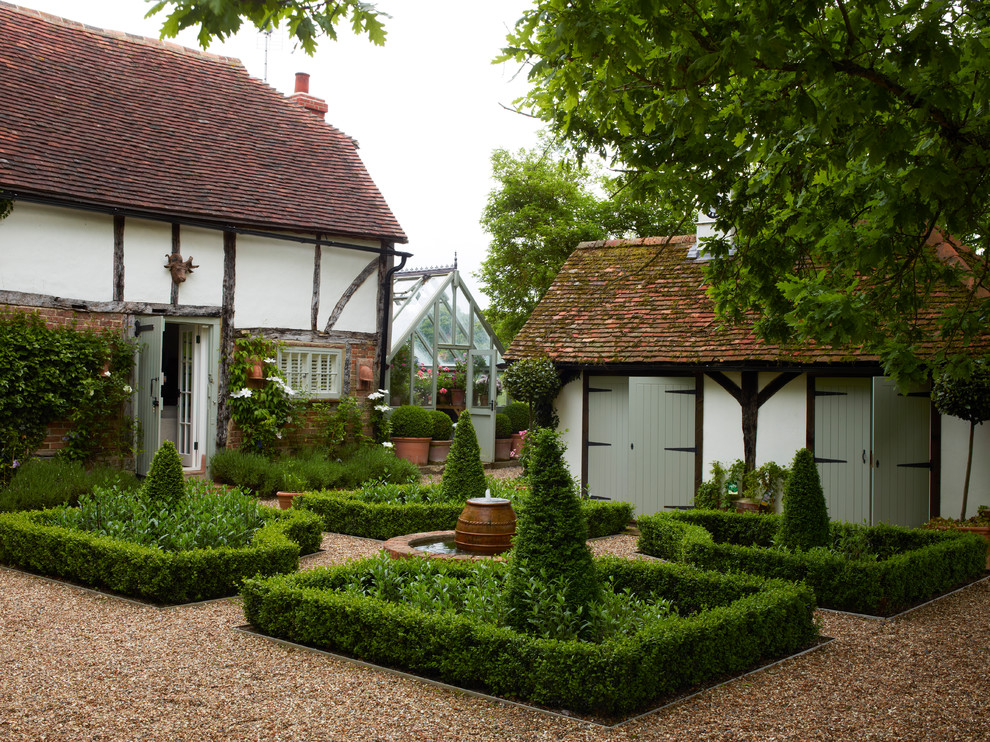Inspiration for a formal garden in London with gravel.