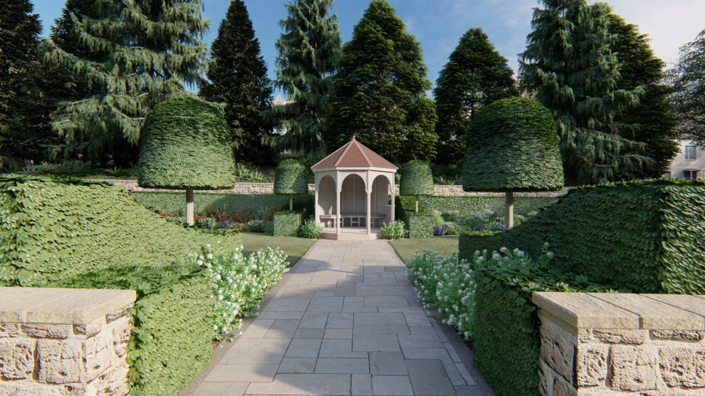 Идея дизайна: большой солнечный регулярный сад в стиле кантри с хорошей освещенностью