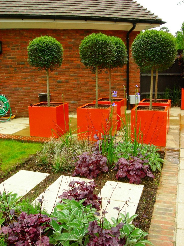 Идея дизайна: большой солнечный регулярный сад на заднем дворе в современном стиле с хорошей освещенностью и мощением тротуарной плиткой
