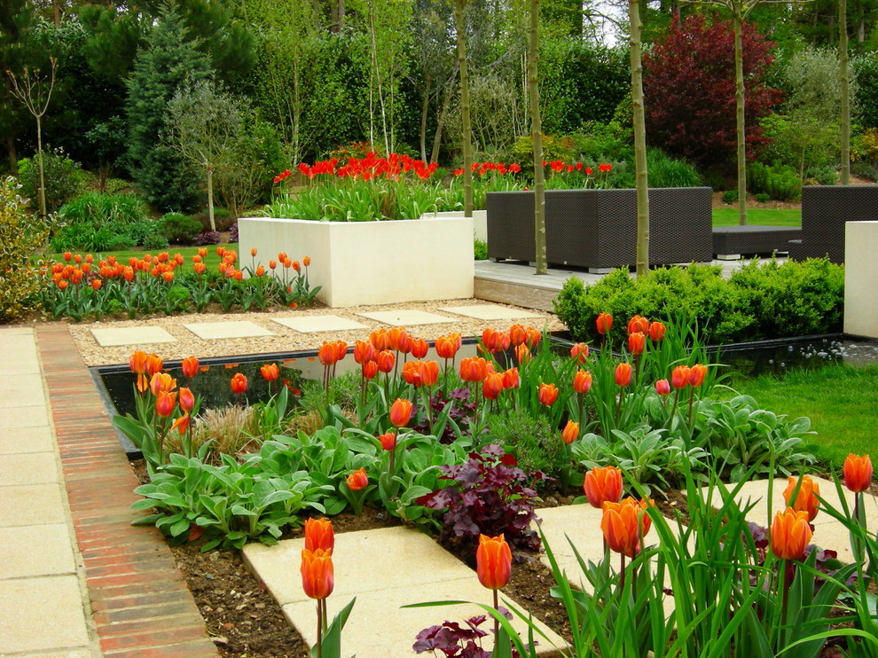 Diseño de jardín contemporáneo grande en patio trasero con jardín francés, exposición total al sol y adoquines de hormigón