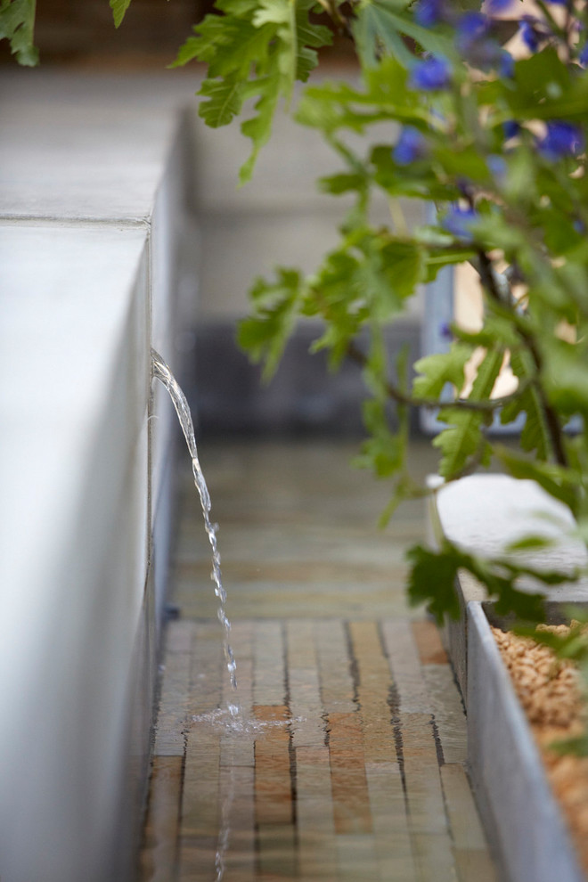 Idee per un piccolo giardino xeriscape design esposto in pieno sole in cortile in primavera con fontane e pavimentazioni in cemento