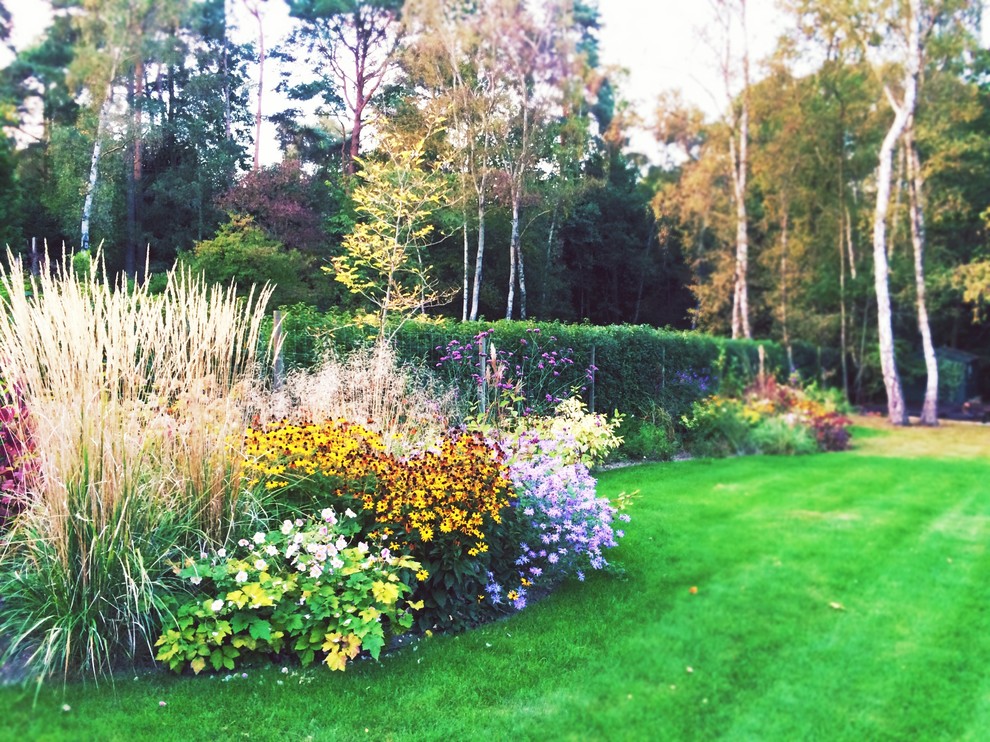 Großer, Halbschattiger Moderner Garten im Herbst, hinter dem Haus mit Natursteinplatten in Surrey