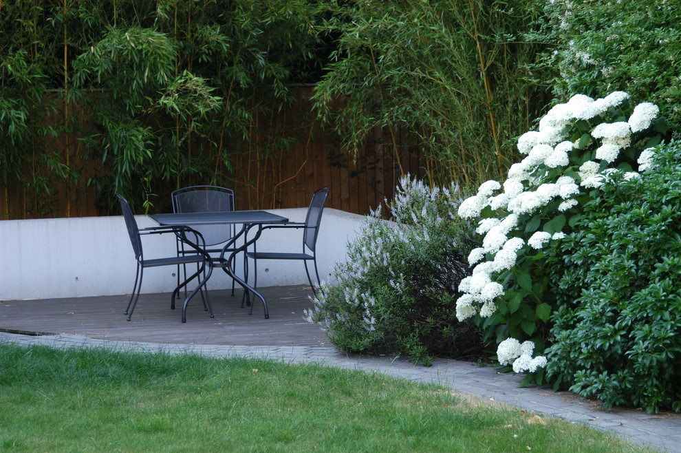 Пример оригинального дизайна: летний участок и сад среднего размера на заднем дворе в современном стиле