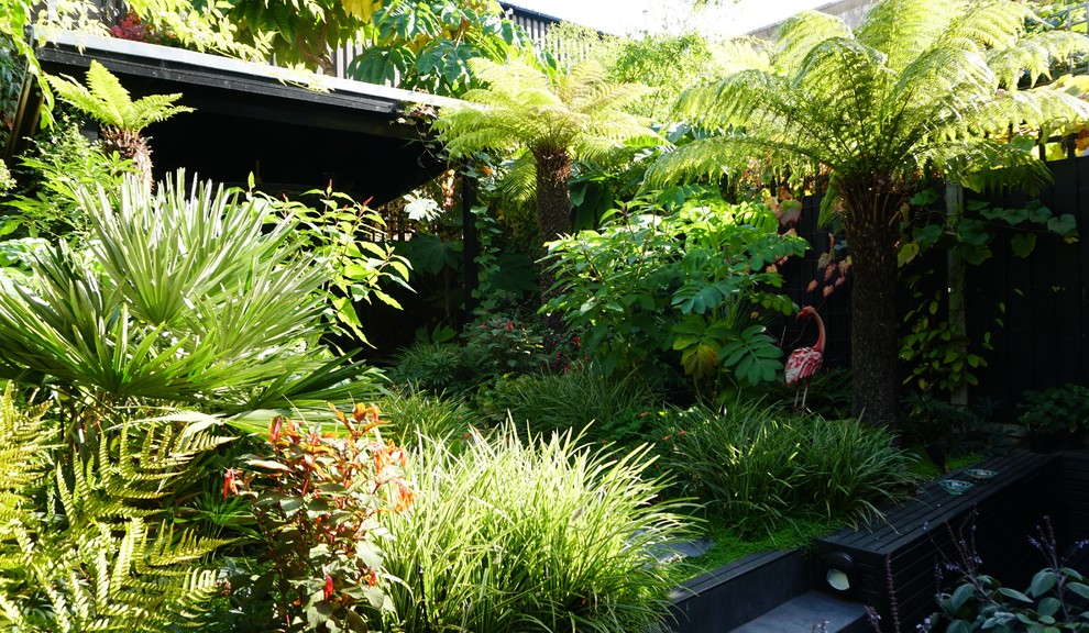 Foto di un piccolo giardino tropicale esposto a mezz'ombra dietro casa in estate con un muro di contenimento e pavimentazioni in pietra naturale