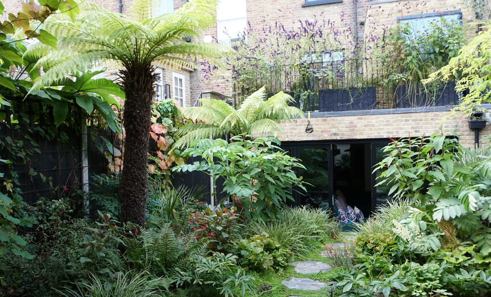 Esempio di un piccolo giardino tropicale esposto a mezz'ombra dietro casa in estate con un ingresso o sentiero e pavimentazioni in pietra naturale