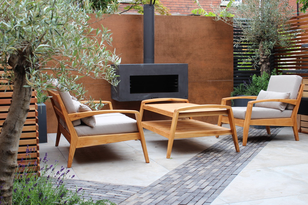 Design ideas for a small contemporary courtyard xeriscape full sun garden for summer in Other with a fireplace.