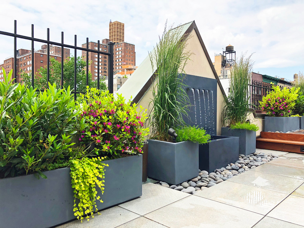 Idee per un giardino design esposto in pieno sole sul tetto in estate con un giardino in vaso e pedane