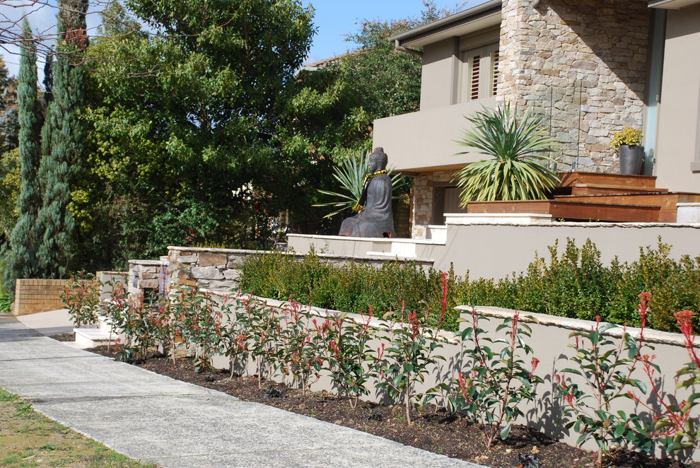 Ispirazione per un giardino formale minimal esposto in pieno sole di medie dimensioni e davanti casa in primavera con pavimentazioni in pietra naturale e recinzione in pietra