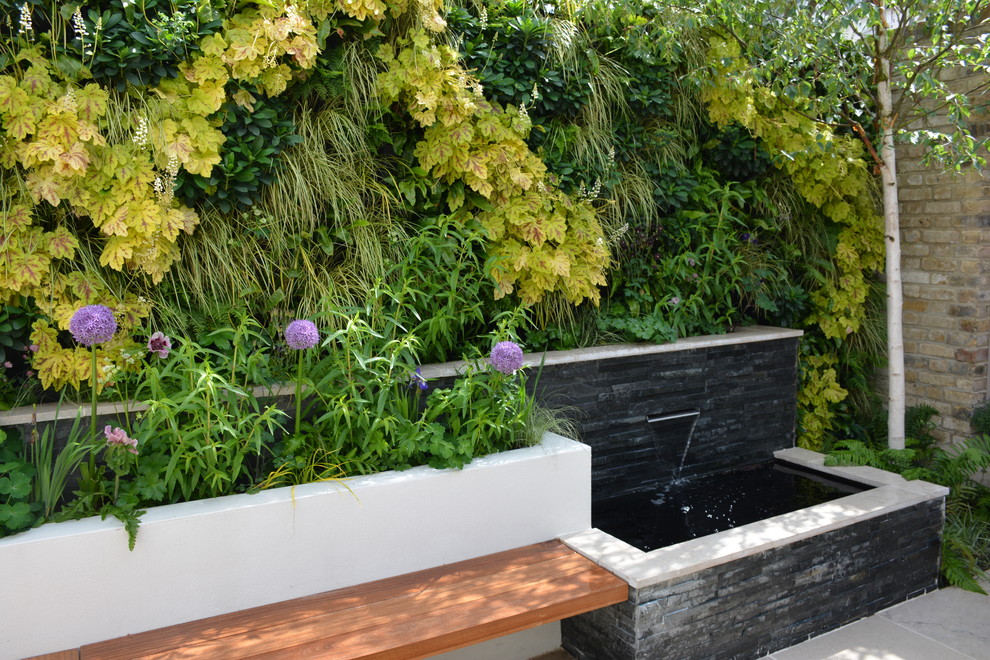This is an example of a contemporary garden in London with a living wall and natural stone paving.