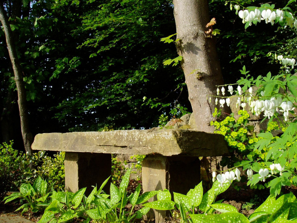 Пример оригинального дизайна: большой весенний участок и сад на склоне в стиле кантри с водопадом, полуденной тенью и покрытием из каменной брусчатки