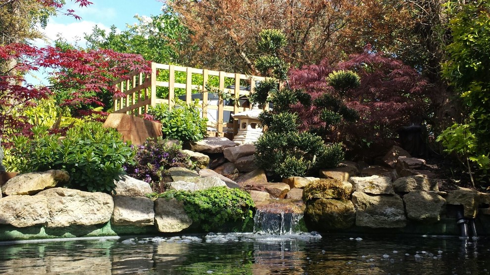 Стильный дизайн: сад с прудом на заднем дворе в классическом стиле - последний тренд