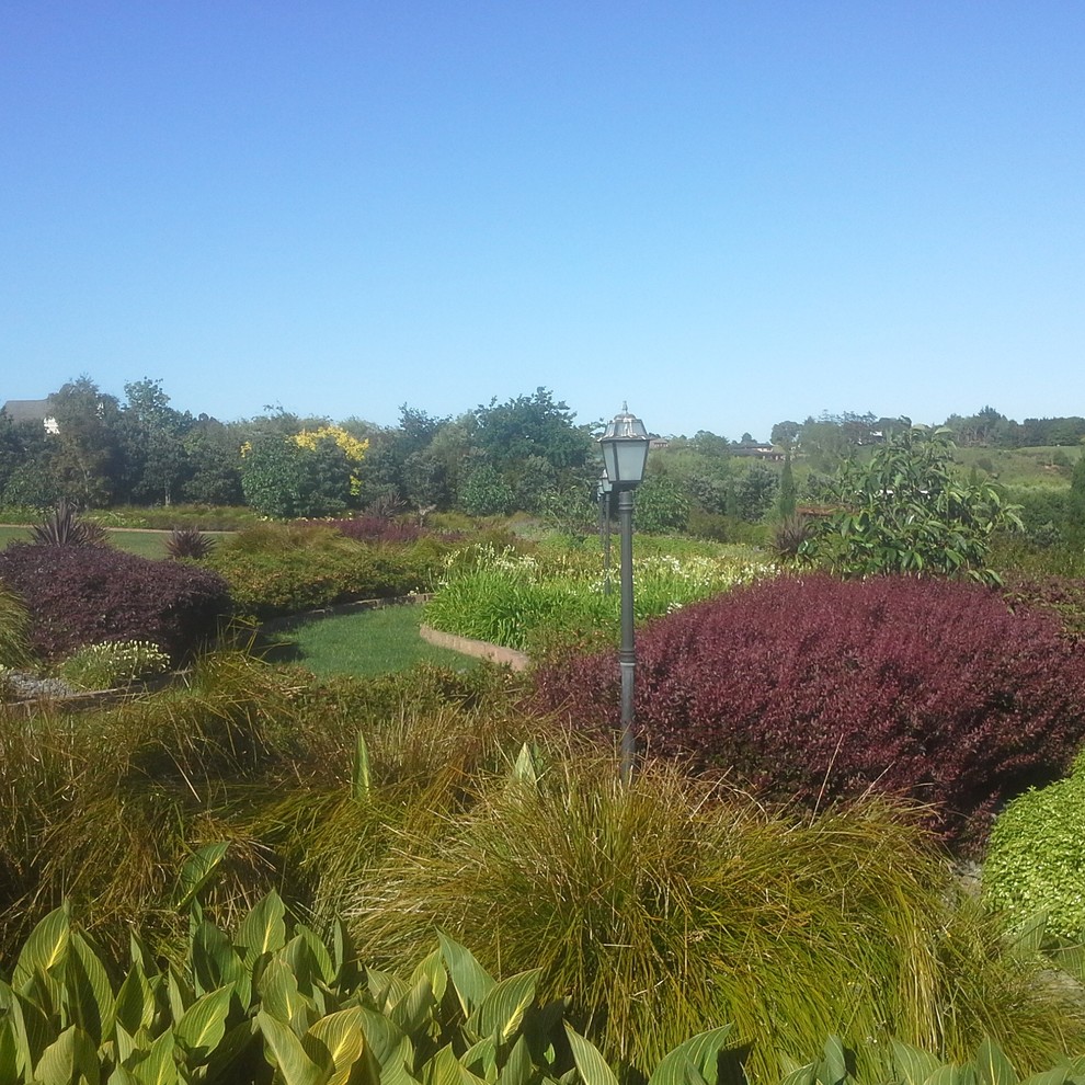 Foto di un ampio giardino formale country esposto in pieno sole dietro casa in estate con pacciame