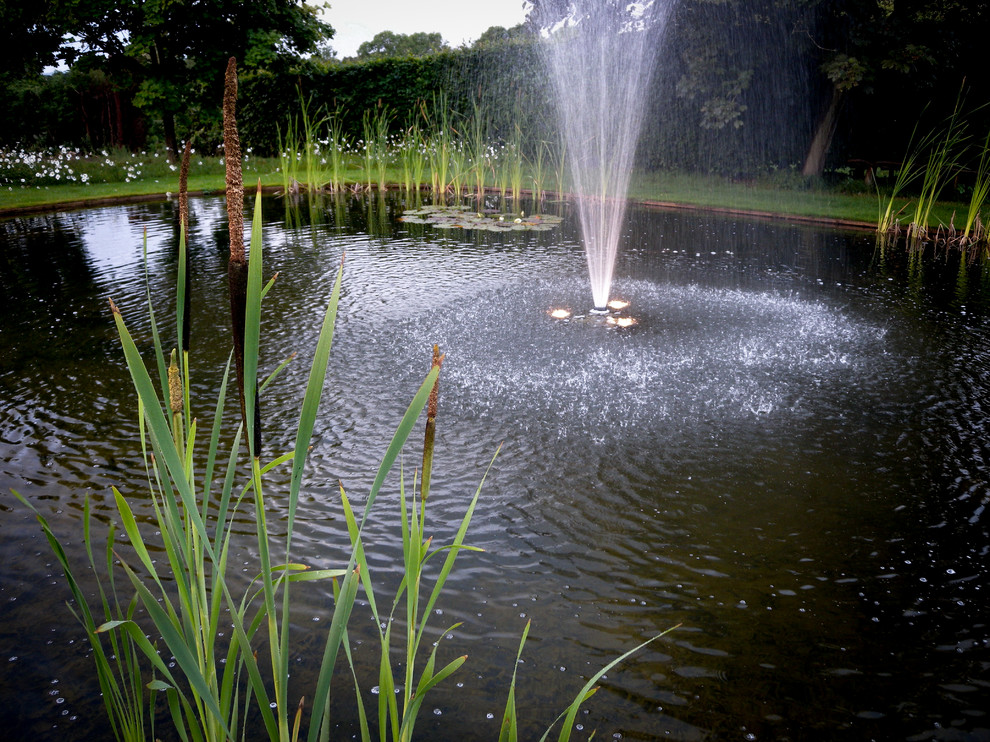 Idée de décoration pour un très grand jardin arrière tradition l'été avec un point d'eau, une exposition ensoleillée et des pavés en pierre naturelle.