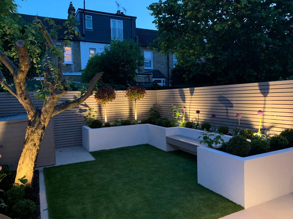 Cette image montre un petit jardin surélevé arrière minimaliste avec une exposition partiellement ombragée.