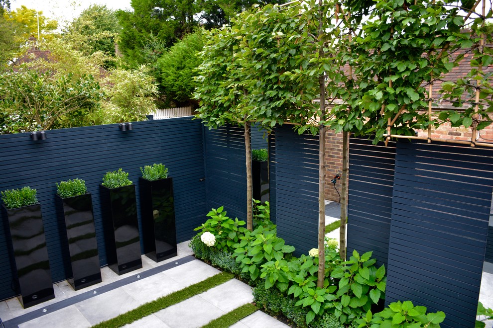 Small contemporary courtyard partial sun garden in London with concrete paving.