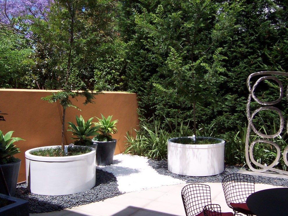 На фото: весенний участок и сад на заднем дворе в современном стиле с садовой дорожкой или калиткой, полуденной тенью и покрытием из каменной брусчатки с