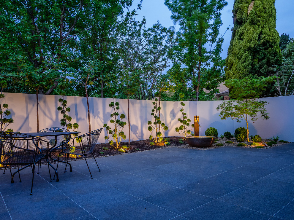 Immagine di un piccolo giardino formale minimalista esposto a mezz'ombra in cortile in autunno con pavimentazioni in pietra naturale