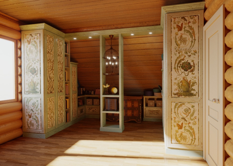 Идея дизайна: гардеробная комната среднего размера в стиле рустика