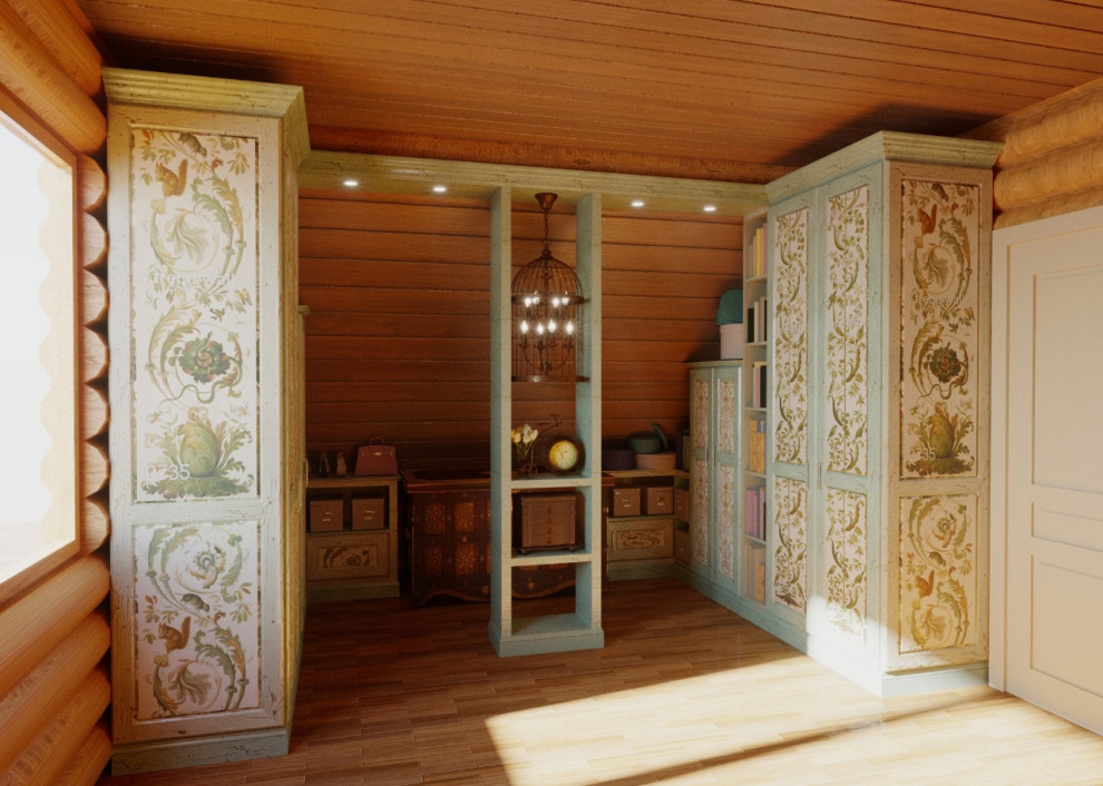 Пример оригинального дизайна: гардеробная комната среднего размера в стиле рустика