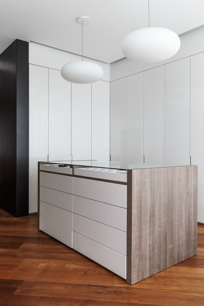 Diseño de armario unisex contemporáneo grande con armarios con paneles lisos, puertas de armario blancas, suelo de madera en tonos medios y suelo marrón