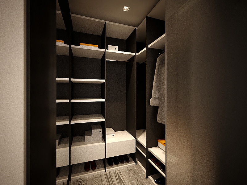 Foto di una piccola cabina armadio unisex design con nessun'anta, pavimento in legno massello medio e pavimento grigio
