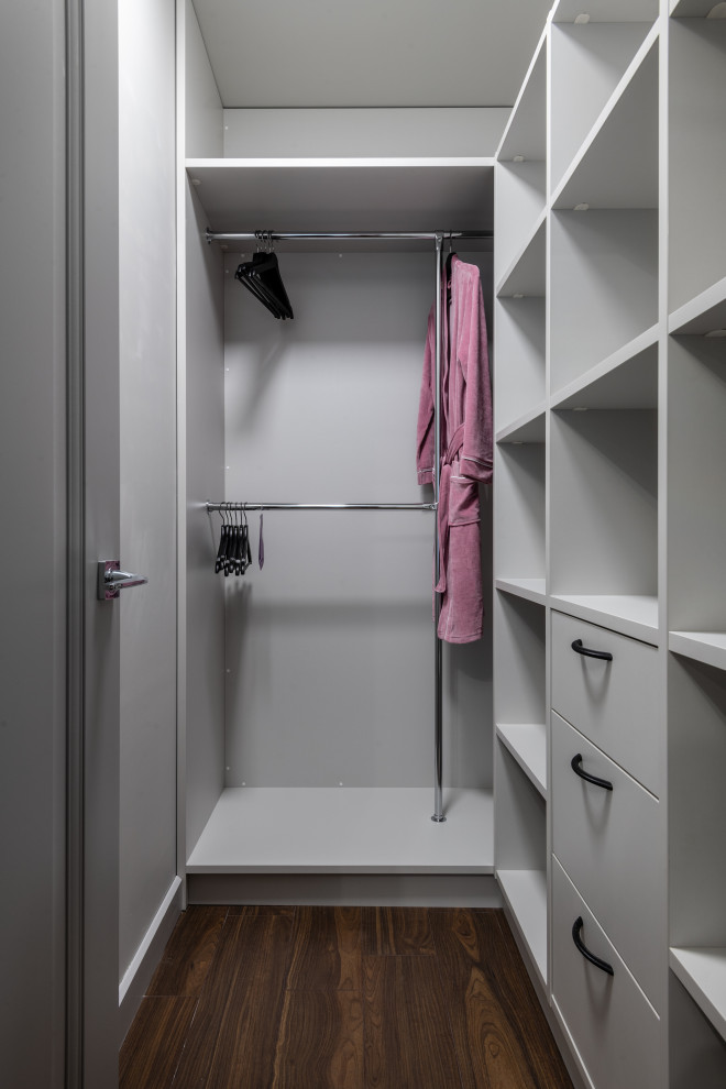 Inredning av ett modernt litet walk-in-closet för kvinnor, med grå skåp, laminatgolv och brunt golv