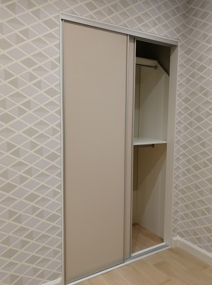 Modelo de armario contemporáneo pequeño con armarios con paneles lisos, puertas de armario beige, suelo laminado y suelo beige