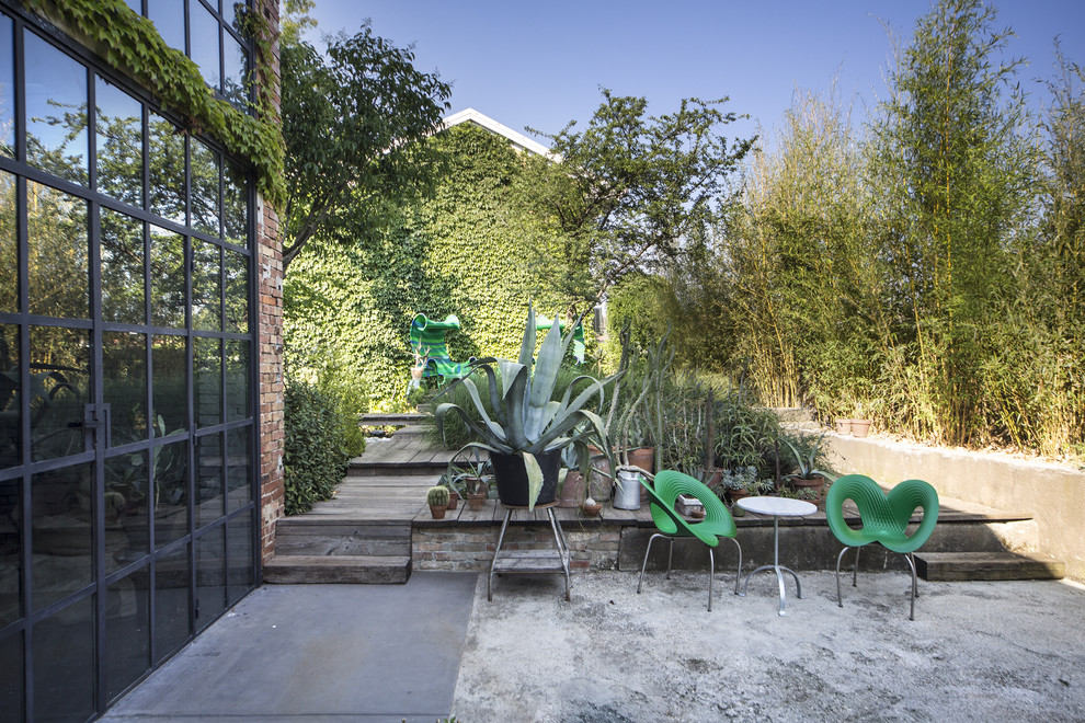 На фото: летний засухоустойчивый сад среднего размера на внутреннем дворе в современном стиле с мощением тротуарной плиткой, садовой дорожкой или калиткой и полуденной тенью