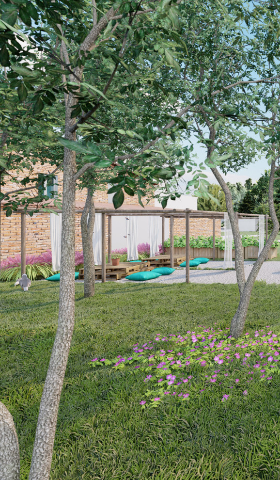 ボローニャにある高級な巨大な、春のラスティックスタイルのおしゃれな庭 (庭への小道、日向、傾斜地、天然石敷き) の写真